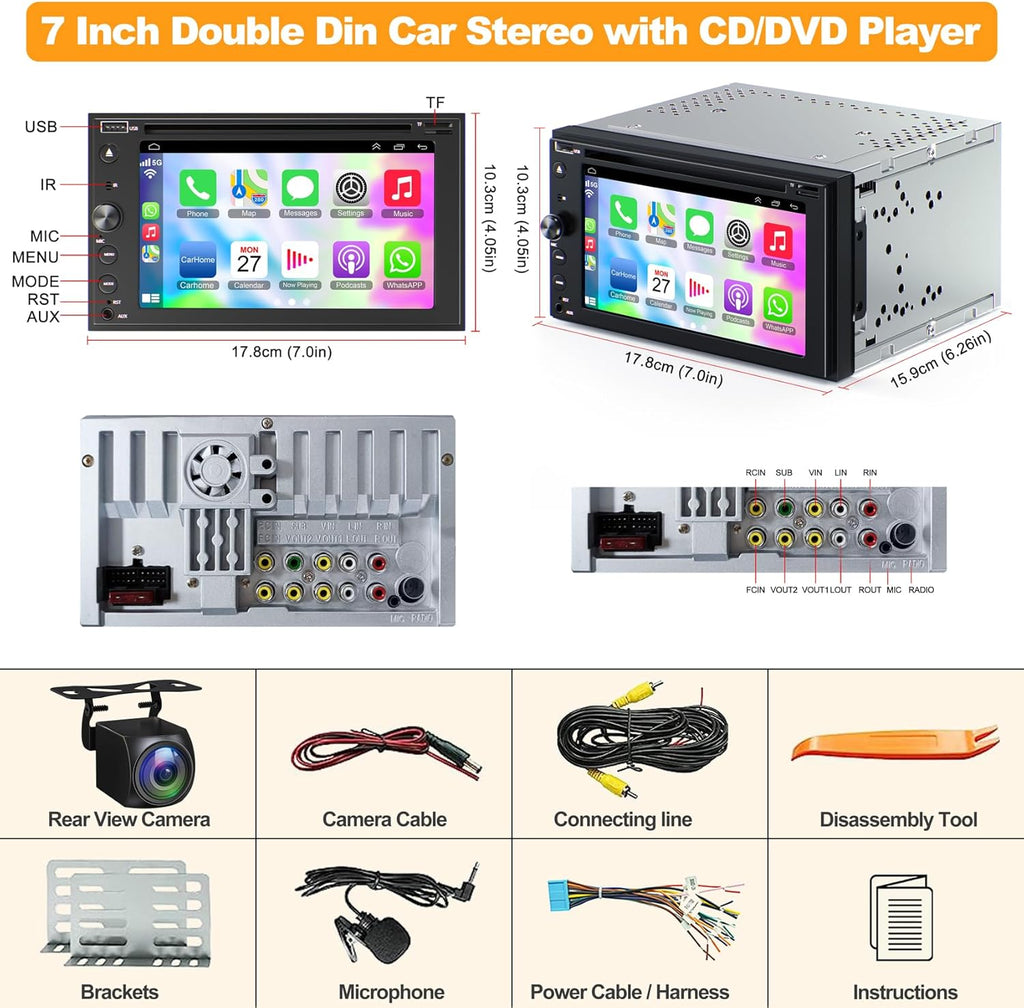 Double Din Car Stereo with CD/DVD Player Apple Carplay & Android Auto, 6.2Inch Car Radio with Bluetooth and Backup Camera, Touch Screen, Mirror Link, Steering Wheel Control, USB/TF/AUX Input, AM/FM