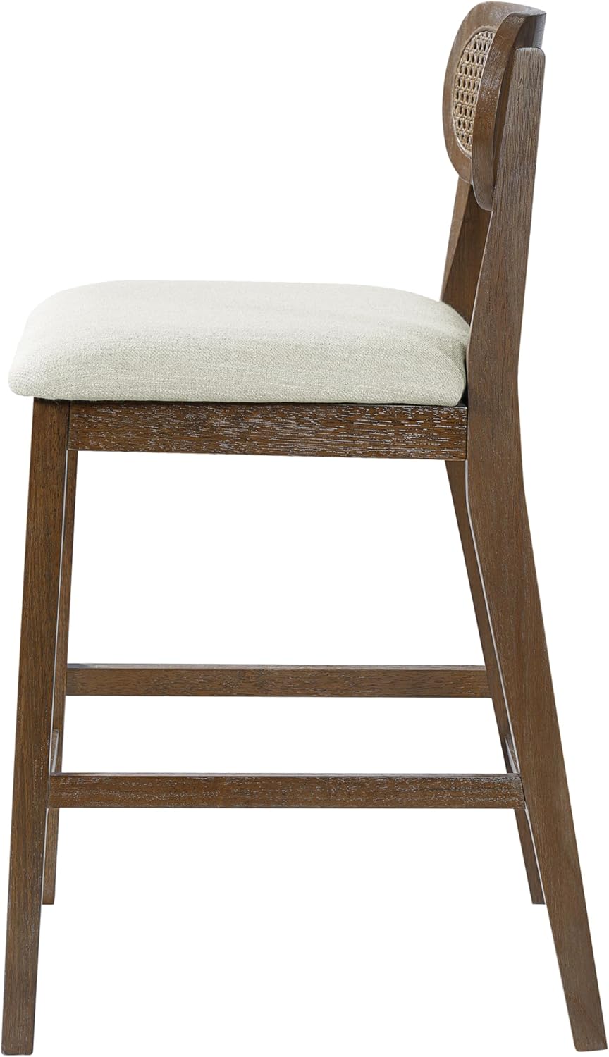 Christopher Knight Home Kaylin Modern Counter Height Bar Stools Set of 2, Upholstered Bar Stool for Kitchen Island, Wood Dining Room Chair with Rattan Back, Counter Stool with Footrest, Brown+Beige