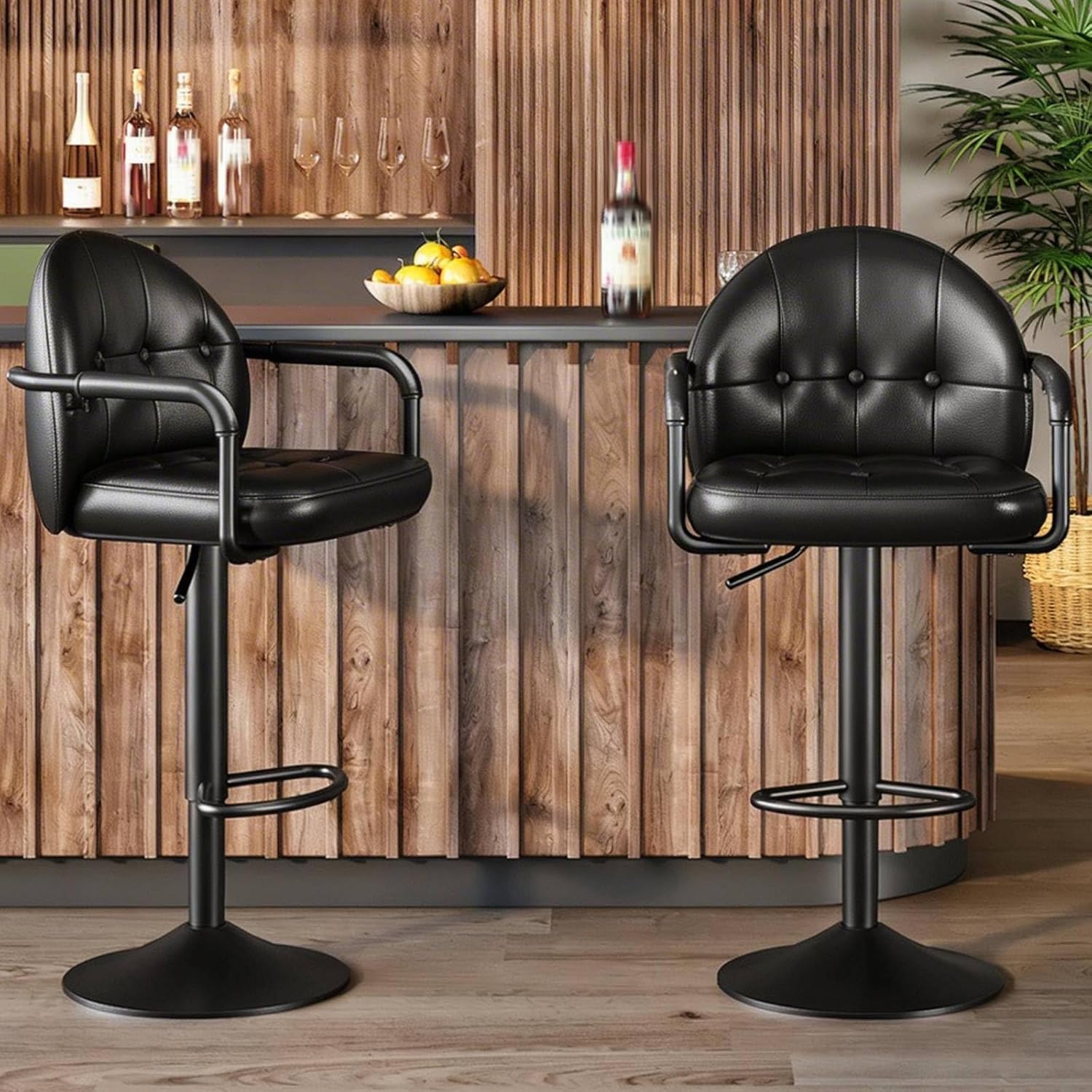 HOOBRO Adjustable Bar Stools, Swivel Bar Stools with Arms and Footrest, PU Upholstered Counter Height Stools, Bar Chairs with Metal Base, for Kitchen, Bar, Living Room, Black BB85BYP201