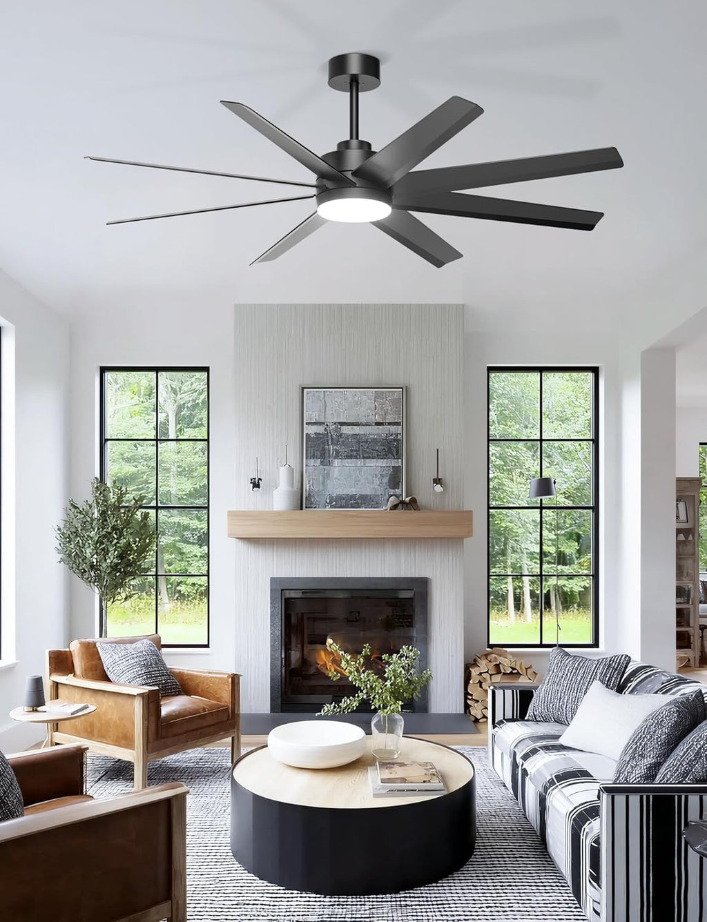 Ohniyou 60'' Ceiling Fan with Light - Modern Black 8 Blades Ceiling Fan Remote/APP Control, Dimmable, DC Motor Outdoor Fan for Covered Patio, Living Room, Shop, Garage