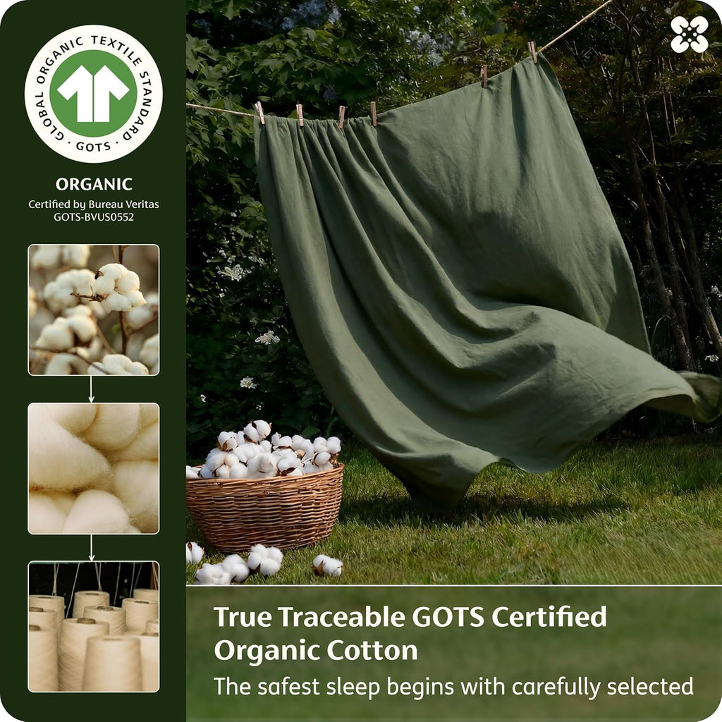 Bedsure 100% GOTS Certified Organic Cotton Sheets, King Size Sheets Set, 17" Deep Pocket Bedsheets with Corner Straps, Eco-Friendly, Soft & Luxury PureWoven Cotton Hotel Bedding, Olive Green