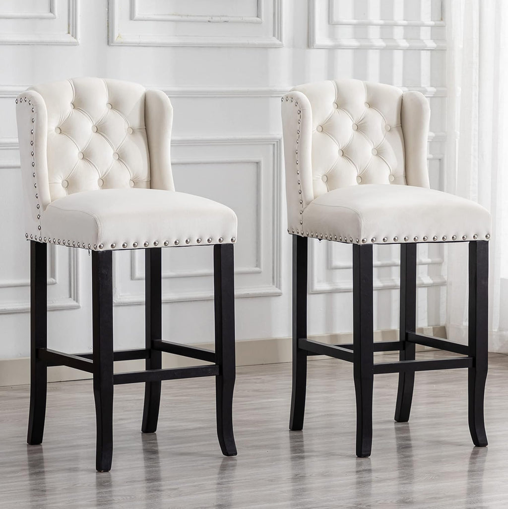DUOMAY Modern Tufted Bar Stools Set of 2, 30" Bar Height Bar Chairs with Back, Velvet Kitchen Island Chair Barstools with Wood Legs for Dining Room Bar Coffee Shop, White