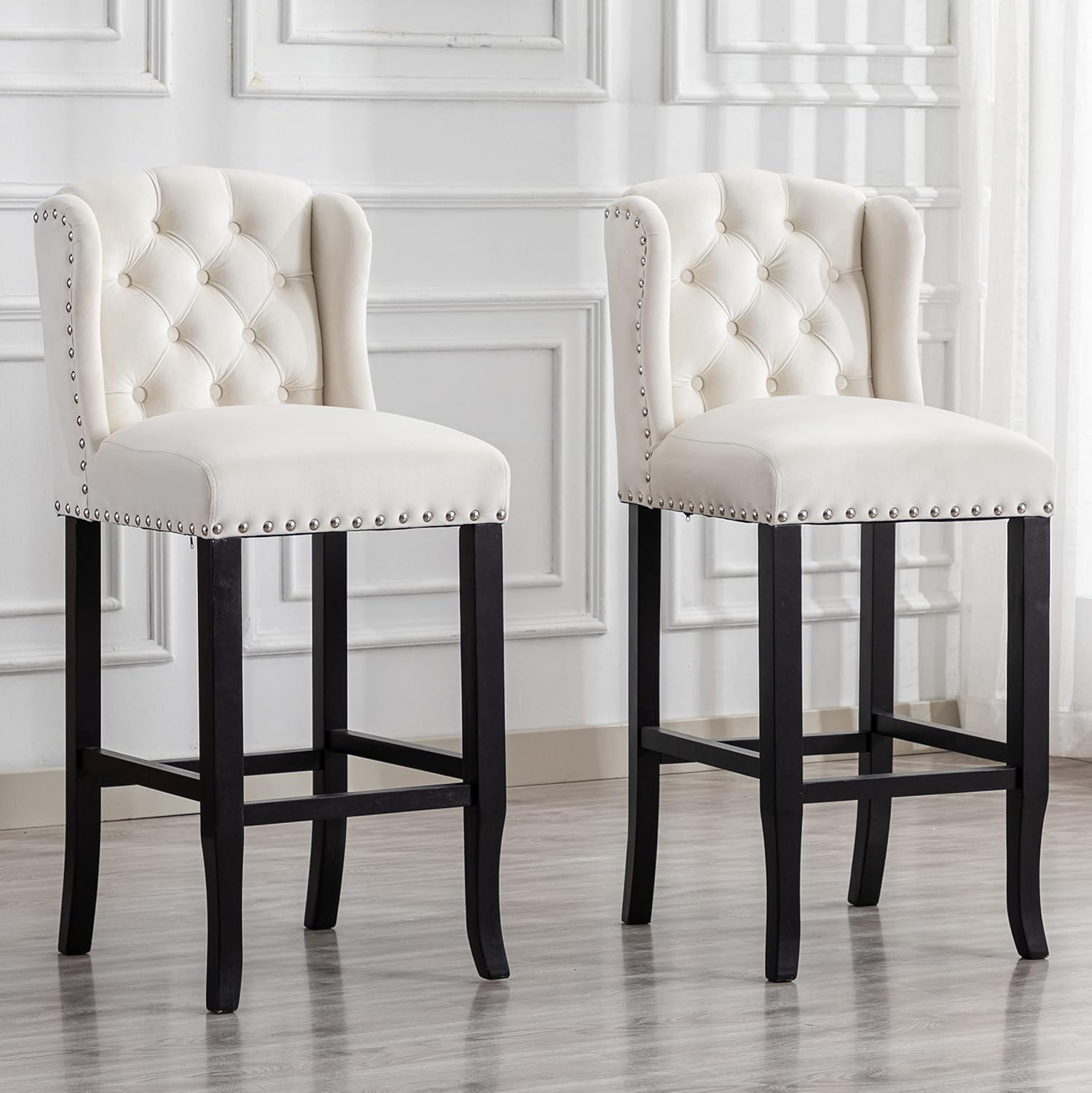 DUOMAY Modern Tufted Bar Stools Set of 2, 30" Bar Height Bar Chairs with Back, Velvet Kitchen Island Chair Barstools with Wood Legs for Dining Room Bar Coffee Shop, White