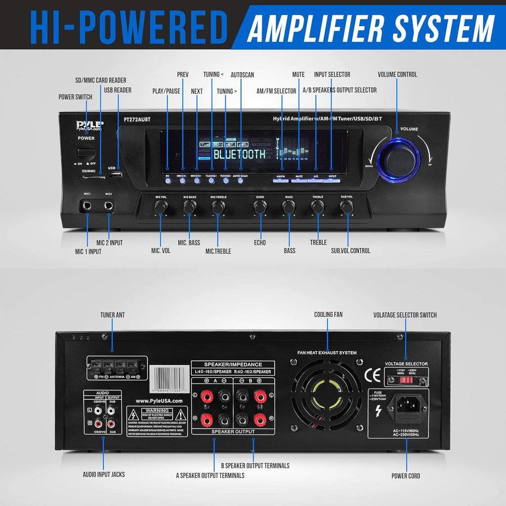Pyle Home Stereo Amplifier with Bluetooth - 300 Watt Max 4 Channel Stereo Receiver with Easy Karaoke - Dual Mic In with EQ and Echo, USB-A and SD Card In, RCA In, RCA Out, LED Display - PT272AUBT