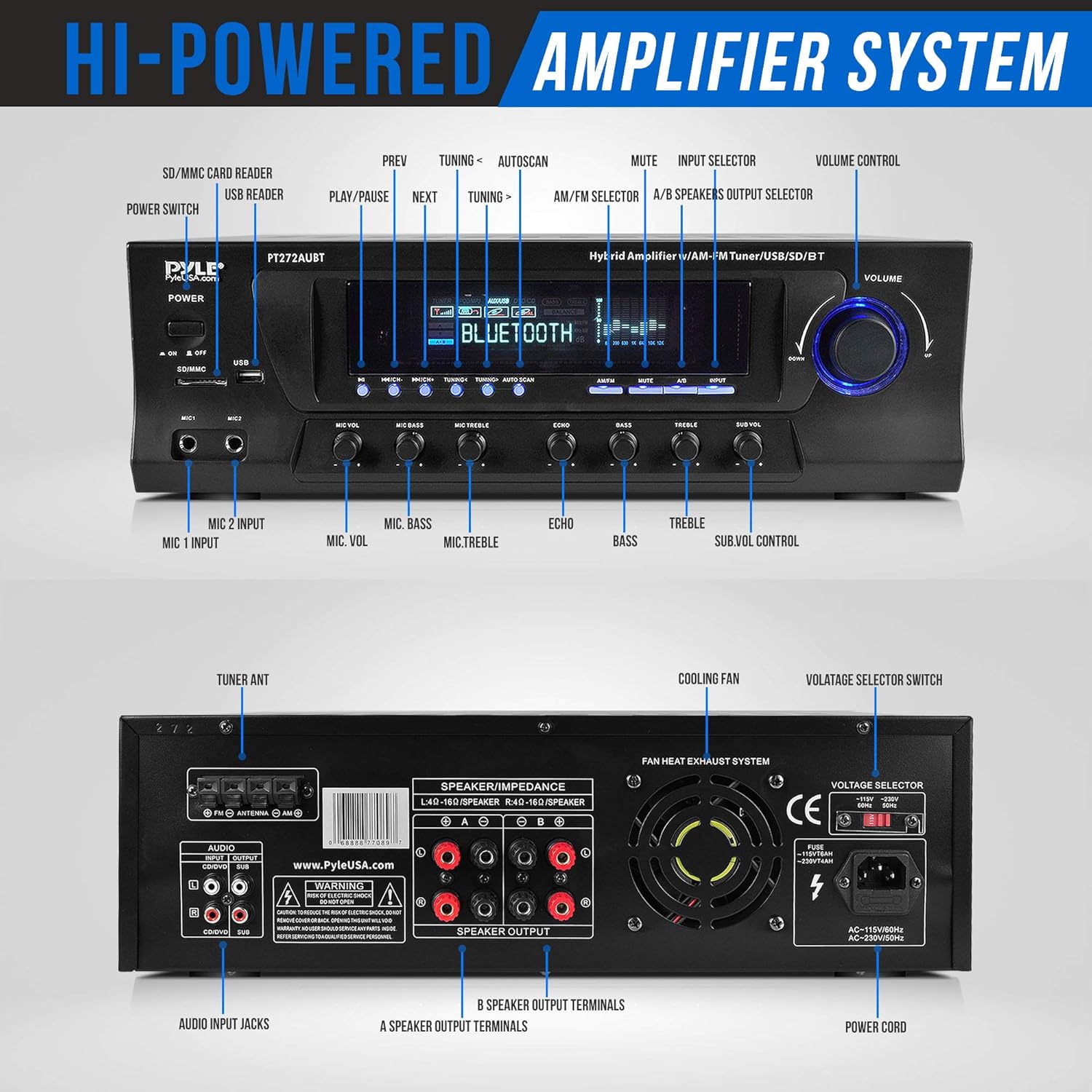 Pyle Home Stereo Amplifier with Bluetooth - 300 Watt Max 4 Channel Stereo Receiver with Easy Karaoke - Dual Mic In with EQ and Echo, USB-A and SD Card In, RCA In, RCA Out, LED Display - PT272AUBT
