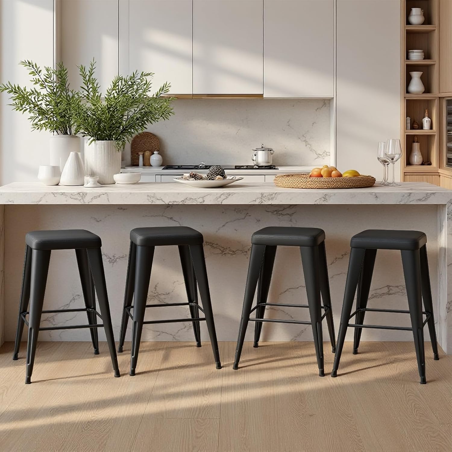 Bar Stools Set of 4, 26" Counter Height Bar Stools Backless, Upholstered Bar Stools with Metal Legs for Kitchen Island, Study Room, Cafe, Black