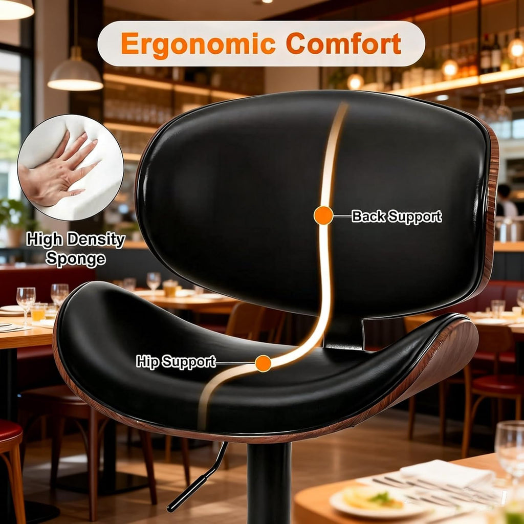 Simple Deluxe Set of 2 PU Leather Swivel Bar Stools, Adjustable Height Bentwood Dining Chairs with Back & Foot Rest, Modern Counter Height Stools for Kitchen, Bar & Dining Room, Black