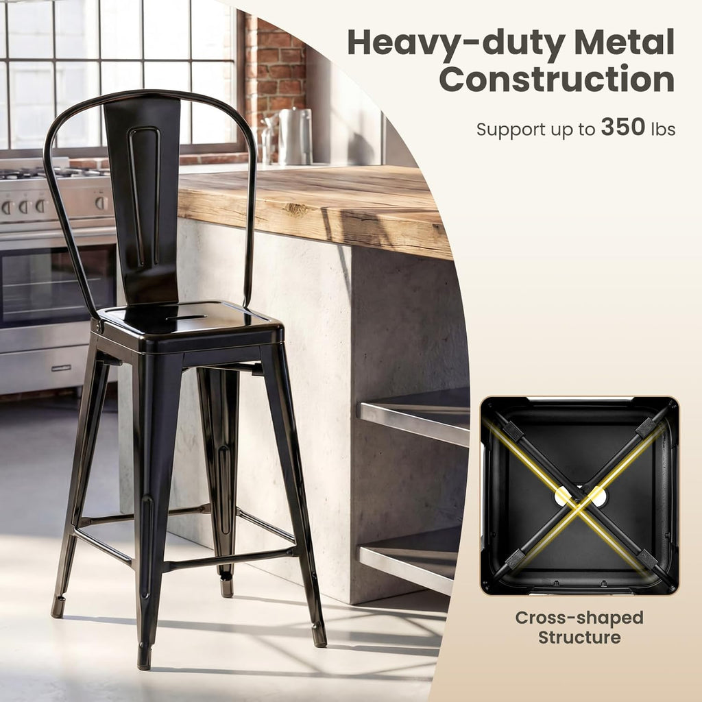Giantex 24" Metal Bar Stools Set of 4, Counter Height Bar Chairs w/Removable Back & Integrated Footrest, High Back Barstools w/Rubber Foot Pads for Kitchen Dining Rooms, Restaurants, Black