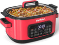 12-in-1 Multicooker, 6.5QT Slow Cooker Roaster Oven, Digital Programmable Multi Functional Pot with Timer Temp Control Delay Start Glass Lid Removable Nonstick Pot, Roast/Steam Rack, Red