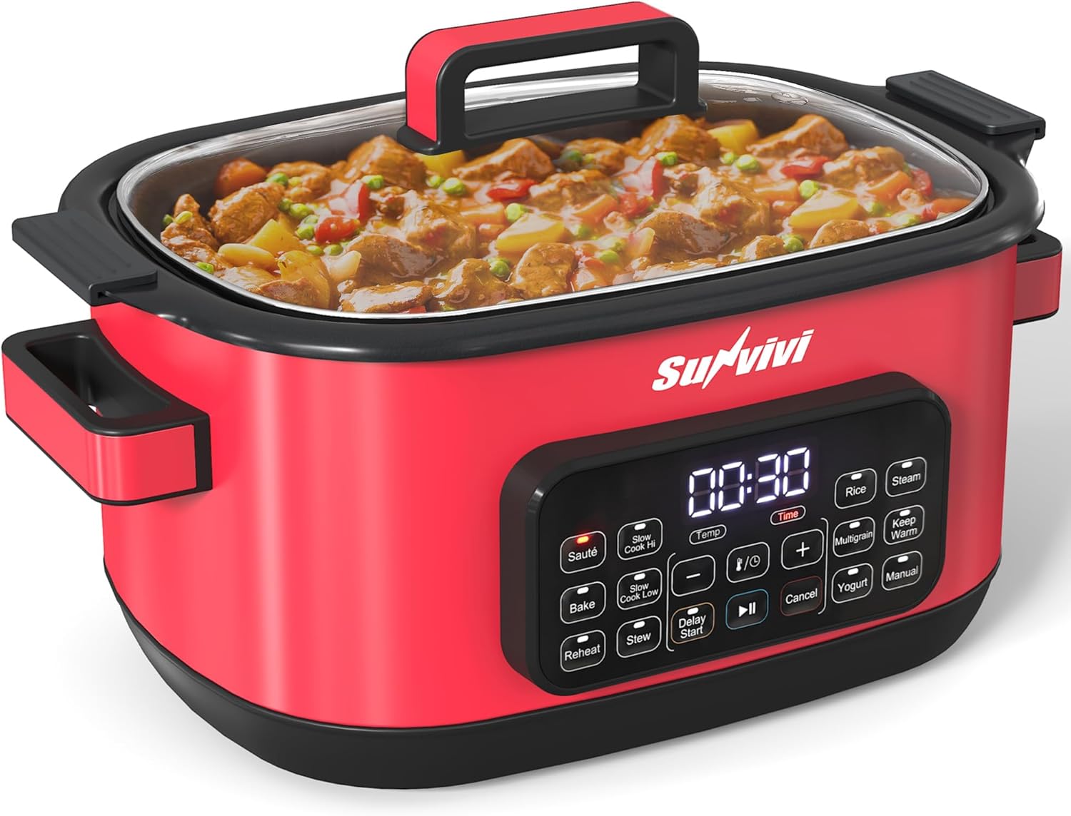 12-in-1 Multicooker, 6.5QT Slow Cooker Roaster Oven, Digital Programmable Multi Functional Pot with Timer Temp Control Delay Start Glass Lid Removable Nonstick Pot, Roast/Steam Rack, Red