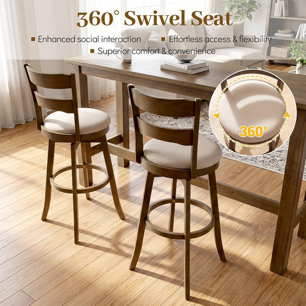 COSTWAY 30.5” Swivel Barstools Set of 2, 360° Rotating Bar Height Chairs with Backrest & Upholstered Seat, Rubber Wood High Top Seats with Footrest for Kitchen Island (2,30.5")