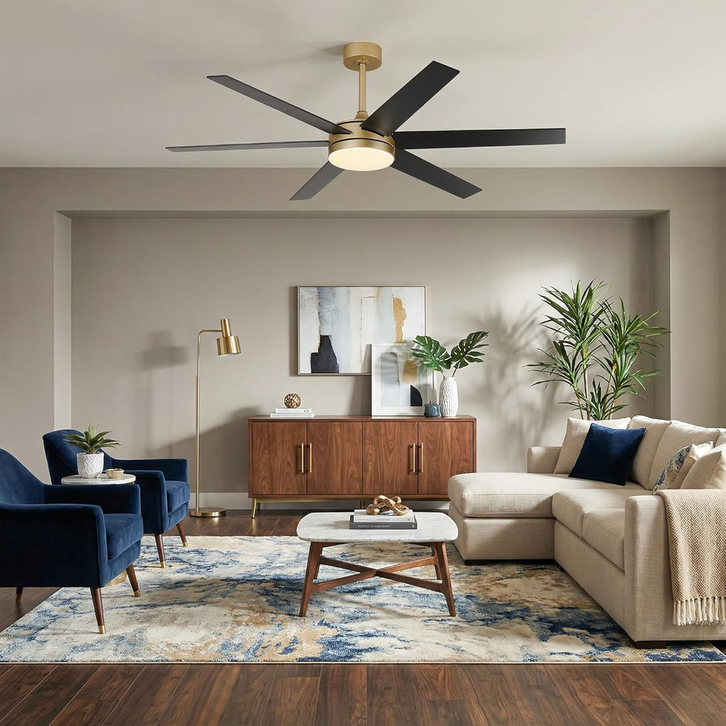 60 Inch Large Gold Ceiling fan with Lights and Remote/APP, Modern Black and Gold Ceiling Fan for bedroom Living Room Shop with 3CCT, 6-Speeds, Timer, 5 Blade Indoor Sleek Brass Fandelier