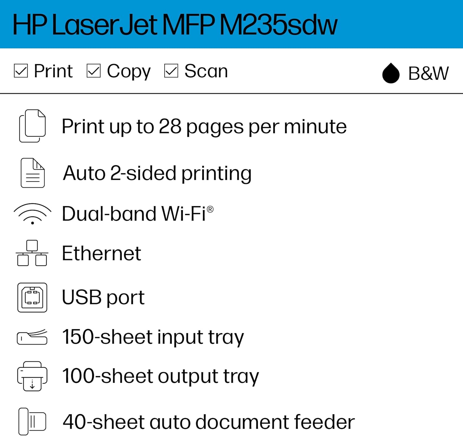 HP LaserJet MFP M235sdw All-in-One Laser Wireless Printer, Scan/Copy, Black & White, Duplex, Best-for-Office