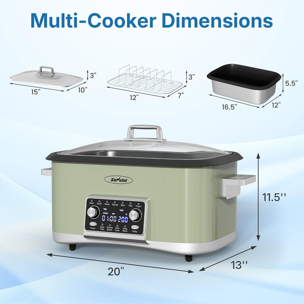 12-in-1 Programmable Slow Cooker Roaster Oven, 8 Quart Digital Multi-Cooker Food Warmer with Timer, Temp Control & Auto Shut Off, Removable Non-Stick Pot, Dishwasher-Safe Glass Lid, Green