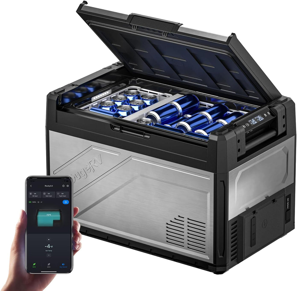 BougeRV 12 Volt Portable Refrigerator, 55 Quart Dual Zone Car Fridge Freezer with APP Control, Compressor Cooler 12/24V DC, 110~240V AC for Overlanding, Camping, Travel, RV(2026 New Model: Rocky V3.0)