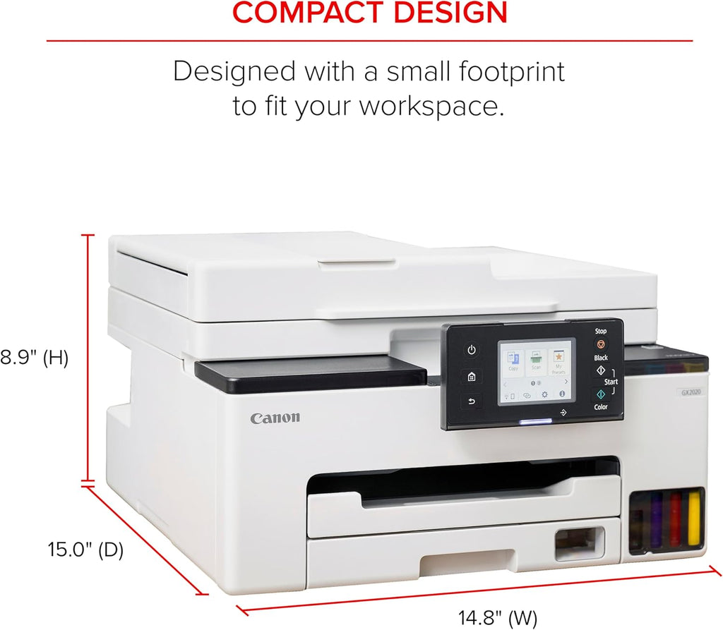 Canon MegaTank MAXIFY GX2020 All-in-One Wireless Color Printer – Print, Copy, Scan with Duplex Printing – Refillable Tank System, Compact Desktop Design – Wireless Print Scan Copy for Home & Office