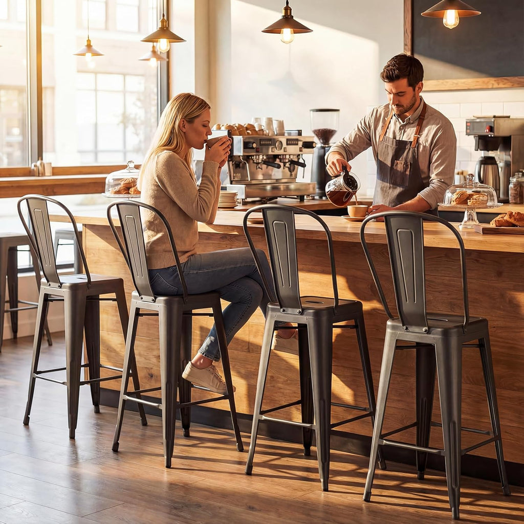 COSTWAY 24'' Metal Bar stools Set of 4, Counter Height Stools with Removable Back and Rubber Feet, Stylish and Modern Chairs, for Kitchen, Dining Rooms, and Side Bar, Gun