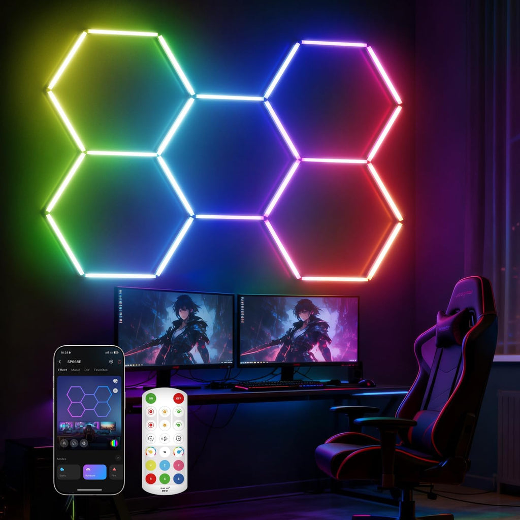 Glitgate RGB Hexagon Garage Lights, LED Hex Lights with App & Remote Control, DIY Modular Honeycomb Lighting System, Music Sync Dimmable Smart Ceiling Light Fixture for Gym, Shop, Gaming Room