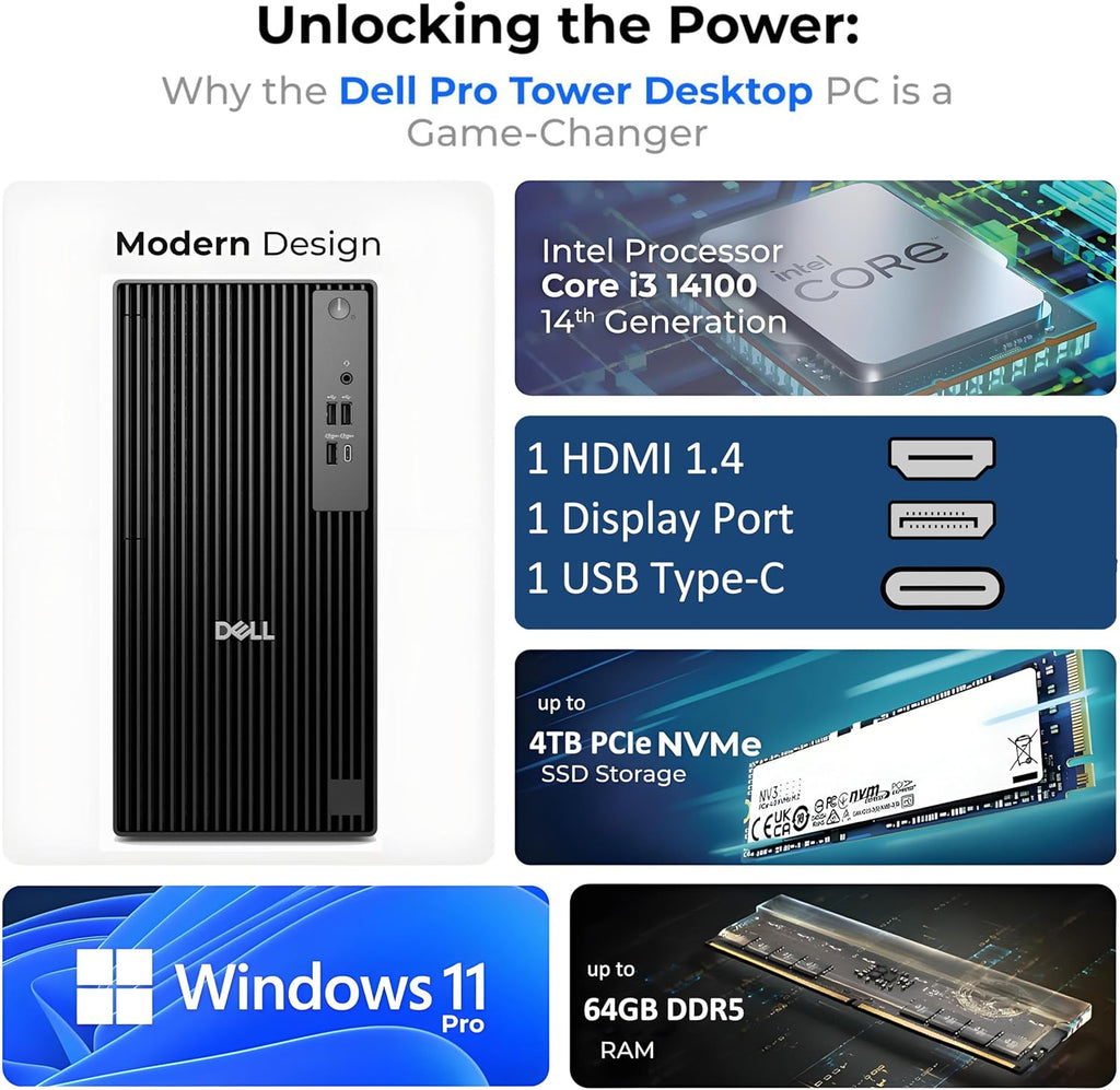 Dell 2026 Pro Tower PC QCT1250 Desktop Computers PC for Home and Business, 14th Gen Intel Processor, Copilot AI, 16GB DDR5 RAM, 1TB PCIe SSD, DisplayPort, HDMI, Support Dual Monitor, Windows 11 Pro