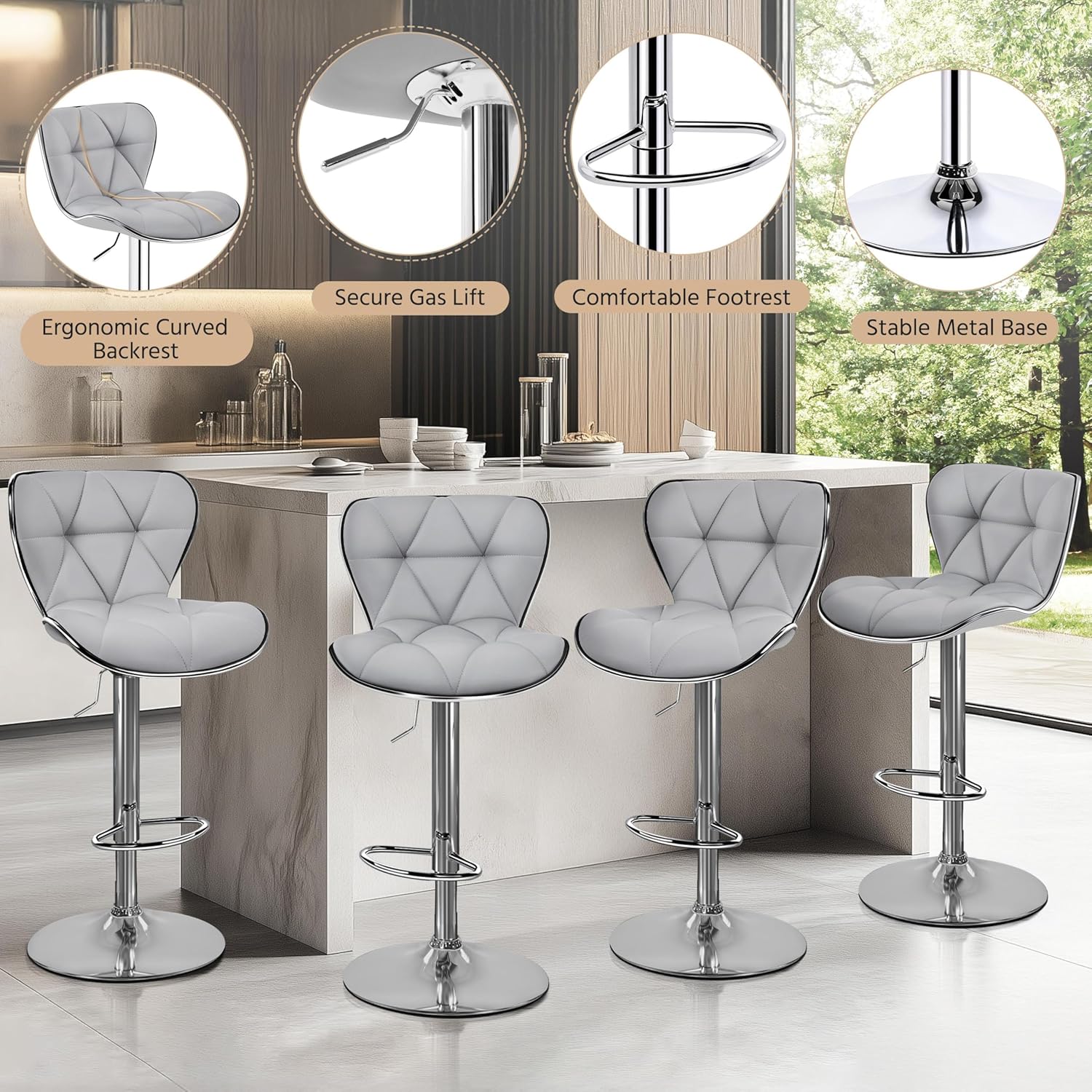 Yaheetech Bar Stools Set of 4, Island Chairs Shell Back, PU Leather Adjustable Barstools, Swivel Barstools with Footrest for Home Kitchen, Light Gray