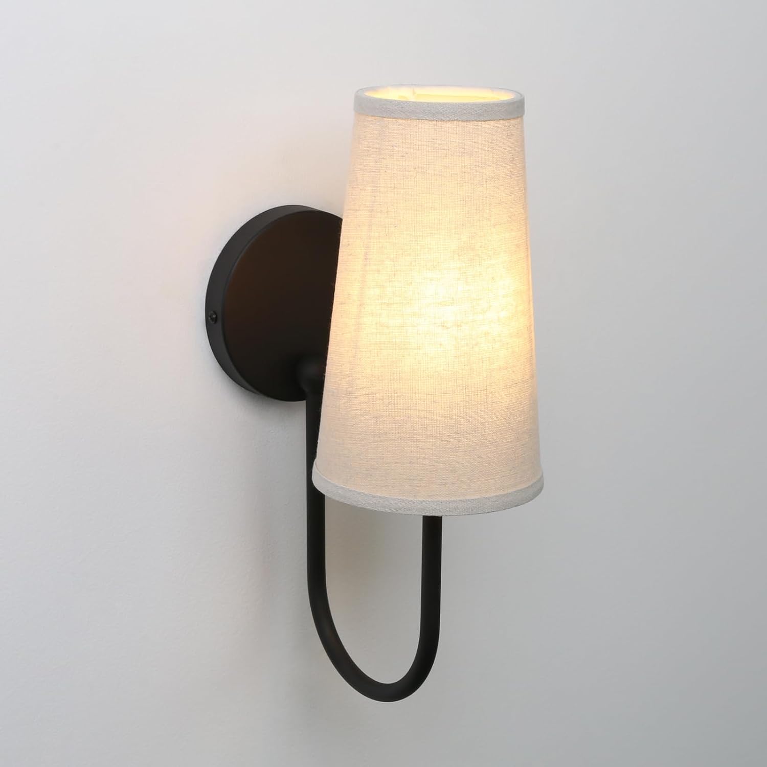 Pathson Set of 2 Linen Fabric Wall Sconces, Hardwired Curved Arm Bathroom Vanity Light with Cone Cloth Shade, Black Indoor Wall Decor Lamp for Living Room, Kitchen, Bedroom, Foyer