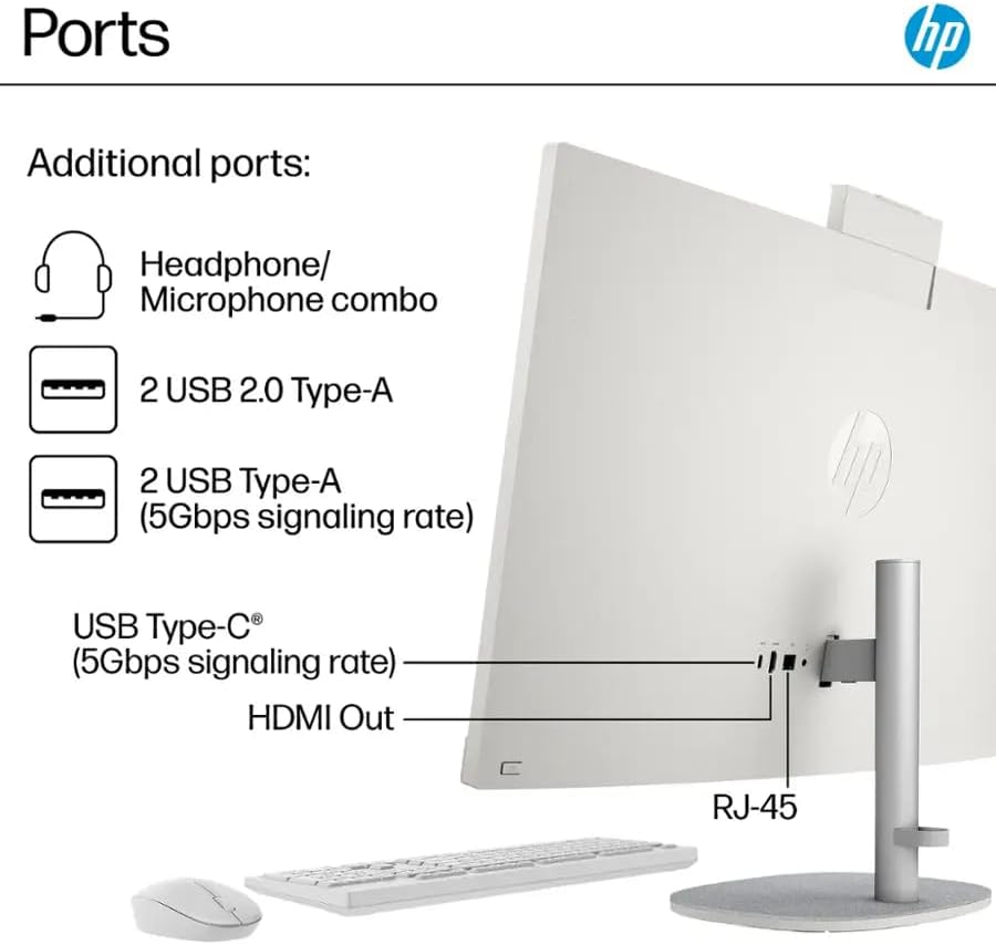HP 27" FHD Touchscreen All-in-One Desktop Computer, Quad-Cores Ryzen 5 7520U, 16GB RAM 1TB SSD, Windows 11, Wireless Keyboard & Mouse, PLUSERA 8-in-1 Hub Included, White