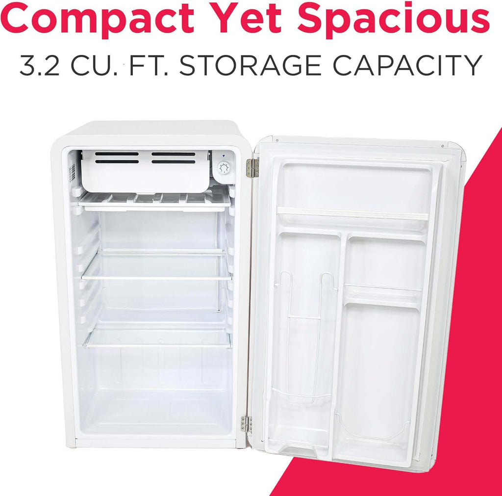 Frigidaire Retro Compact Refrigerator with Chiller, 3.2 cu ft Countertop Fridge, Built-In Bottle Opener, Rounded Corners, Premium, for Office, Bedroom, Dorm Room, Cabin, 18.5D x 20W x 31.5H (White)