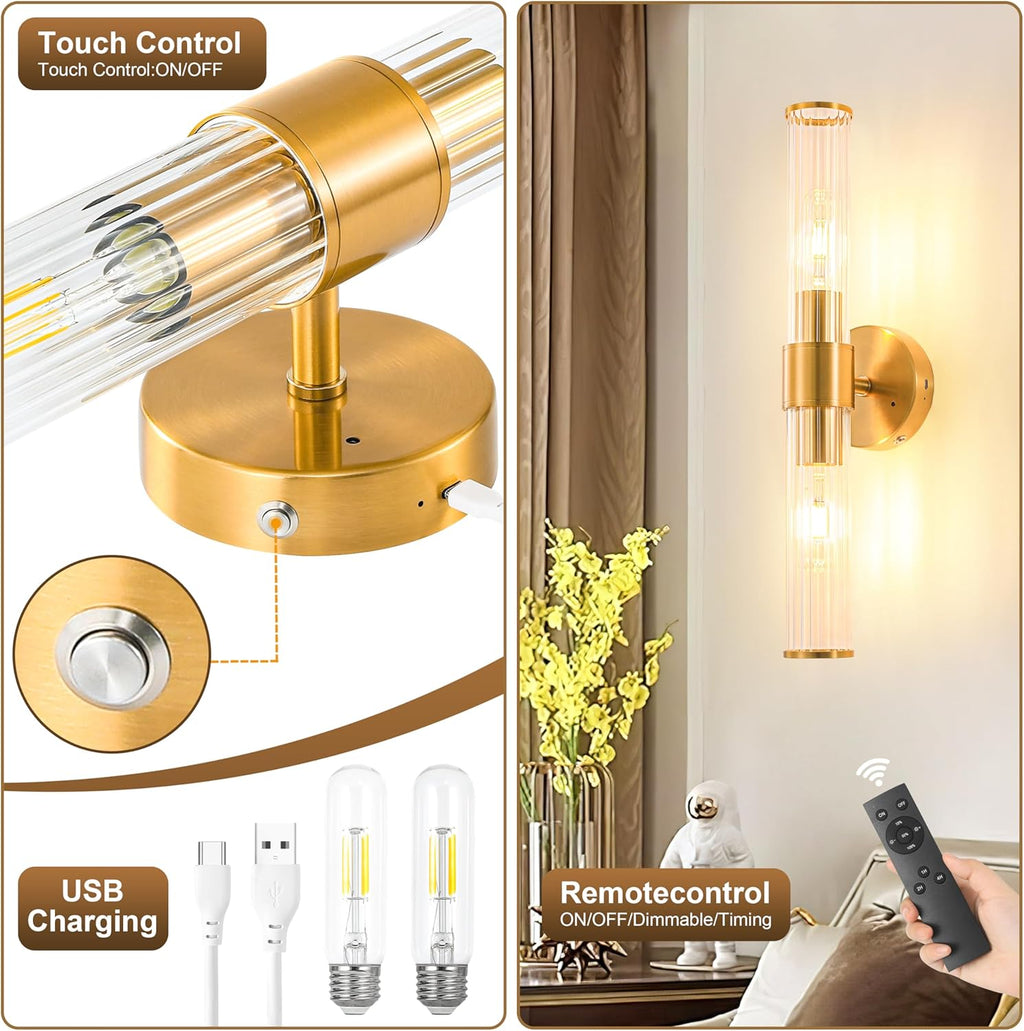 Morauroral Gold Battery Operated Wall Sconces Set of Two, Rechargeable Wall Sconce with Dimmable Remote Control, 20 Inch Wireless Sconce Wall Light for Bedroom, Living Room (Bulbs Included)