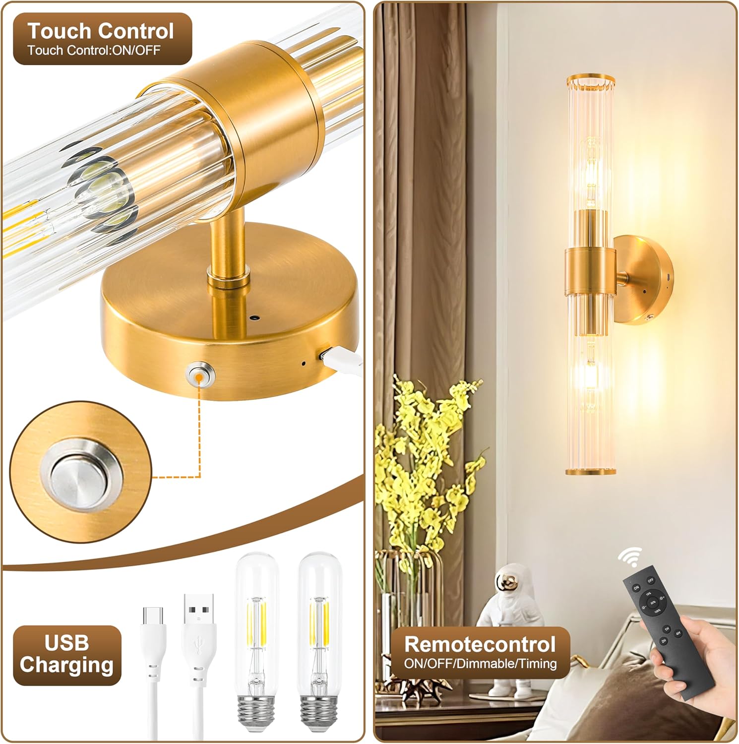 Morauroral Gold Battery Operated Wall Sconces Set of Two, Rechargeable Wall Sconce with Dimmable Remote Control, 20 Inch Wireless Sconce Wall Light for Bedroom, Living Room (Bulbs Included)