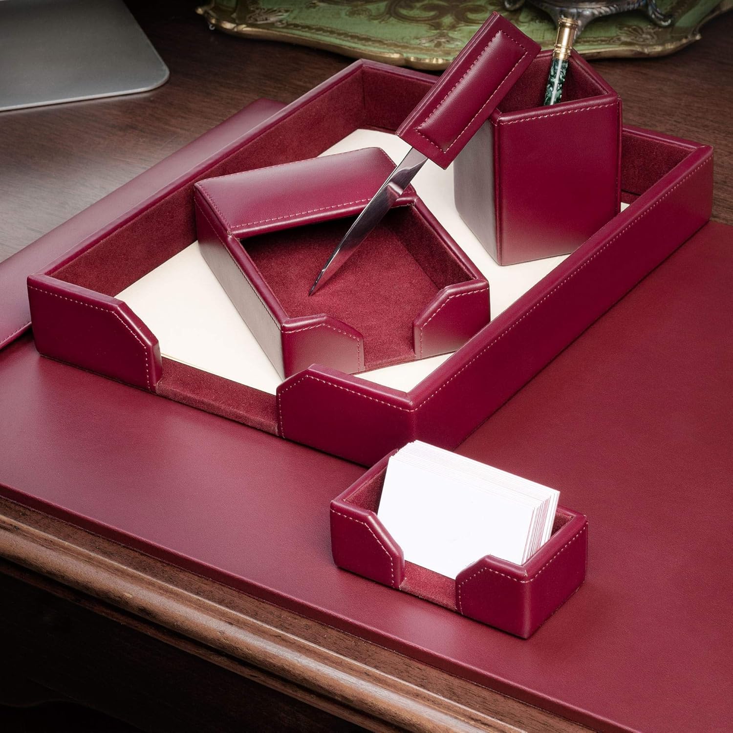 DACASSO Bonded Leather Desk Set - Luxury Leather Desk Pad & Desk Organization Essentials (Burgundy, 6 Piece)