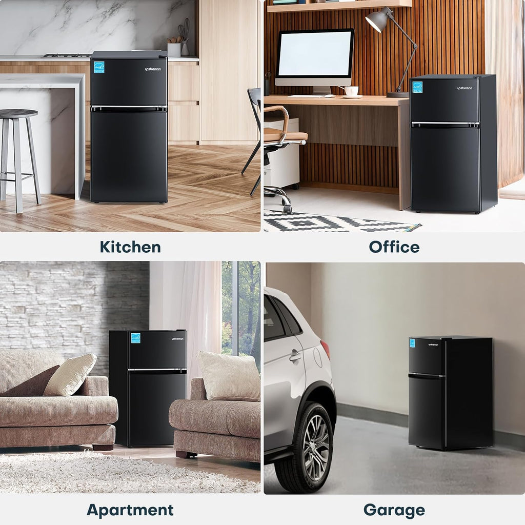 Upstreman 3.1 Cu.Ft Mini Fridge with Freezer, Double Door Small Fridge, Dorm Essentials, Adjustable Thermostat, Energy Saving, Mini Refrigerator for Office, Dorm, Bedroom, Black