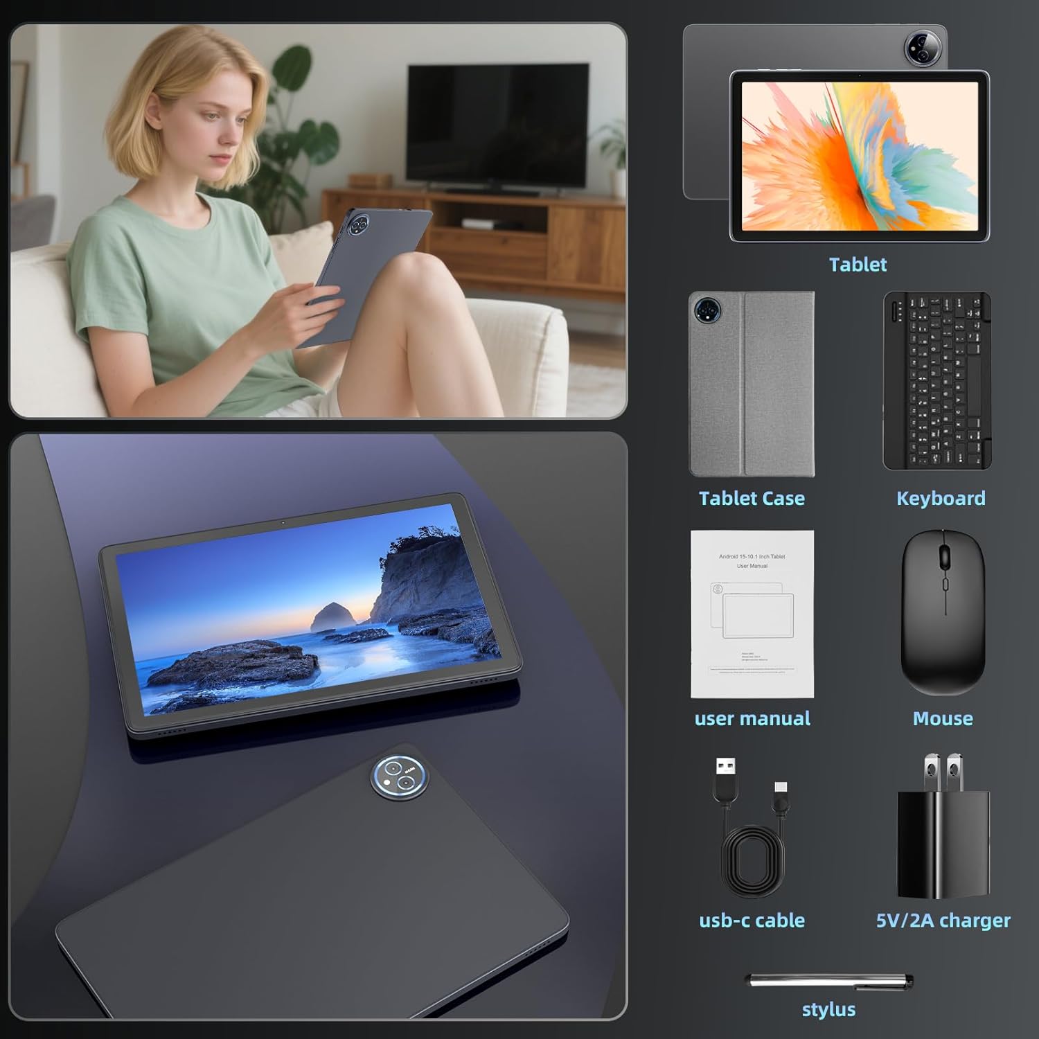 Android 15 Tablet 10 inch, 24GB RAM 128 ROM, Tablets with Keyboard Case Mouse Stylus, 1TB Expandable,Octa-Core 6000mAh 1280x800 IPS HD, WiFi, T615 CPU, High Performance, Processor, Dual Camera (Gray)