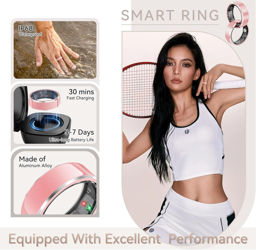 Smart Ring for Women,Fitness & Activity Tracker with Blood Pressure/Heart Rate Monitor, Sleep Tracker, Step Counter, IP68 Waterproof Ring for iOS&Android,Fast Charge,No Subscription (Pink,Size8