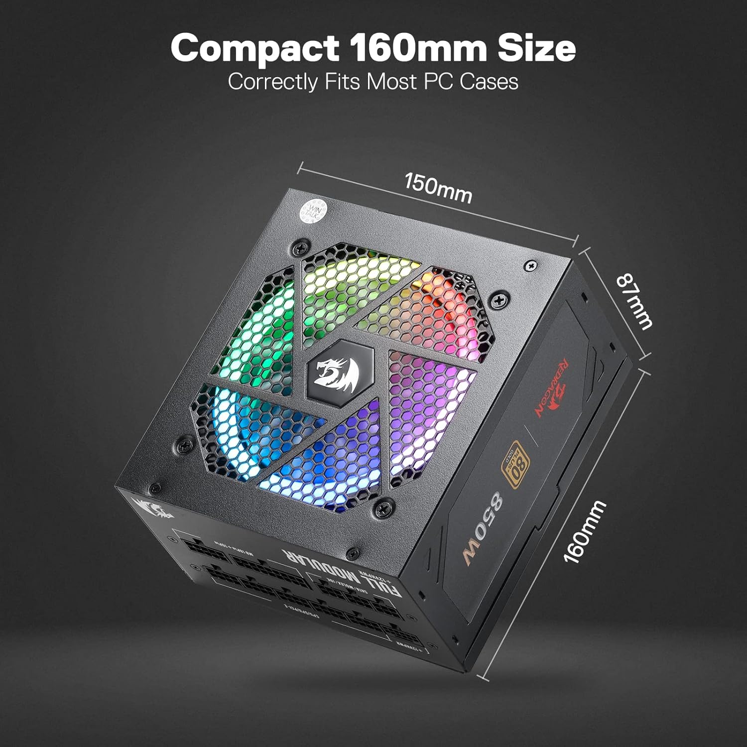 Redragon RGPS-850W 80+ Gold 850 Watt Power Supply w/Upgraded ATX 3.1 & PCIe 5.1 Fully Modular, 12VHPWR Cable Included, 100% Japanese Capacitors, Smart ECO Low Noise RGB Fan, Compact 160mm Size