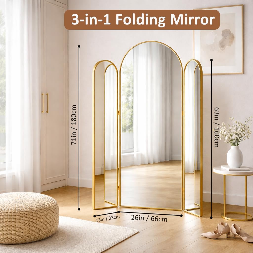 3 Way Arched Full Length Mirror Free Standing, 71"x 52" Large Modern Trifold Mirror with 3 Panel Tempered Glass & Metal Frame, for Dressing Room, Bridal Shop,Clothing Store (Gold, 71"L x 52"W)