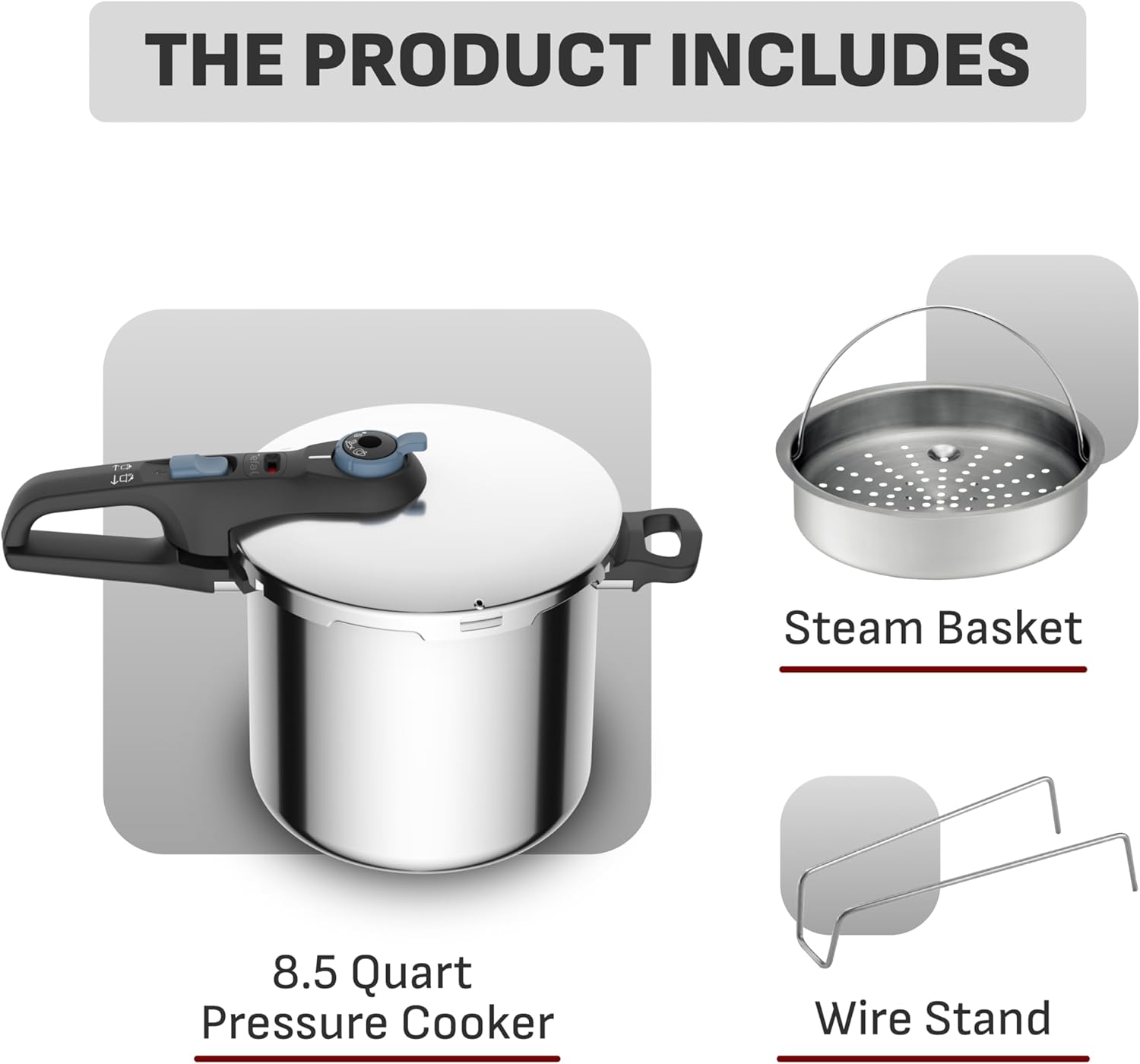T-Fal Secure Trendy Stainless Steel Pressure Cooker, 8.5 Quart, Steam Basket, Induction, Secure Locking System, Easy and Safe Opening, Compatible with All Cooktops, Dishwasher Safe, Silver