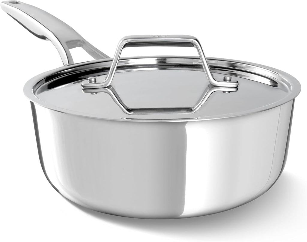 Calphalon Premier Polished 5-Ply Stainless Steel Cookware w/Turbo Heat Tech 2.5Qt Chef's Pan with Lid, Induction, Oven Safe 500F, PFOA Free, Polished Stainless Silver