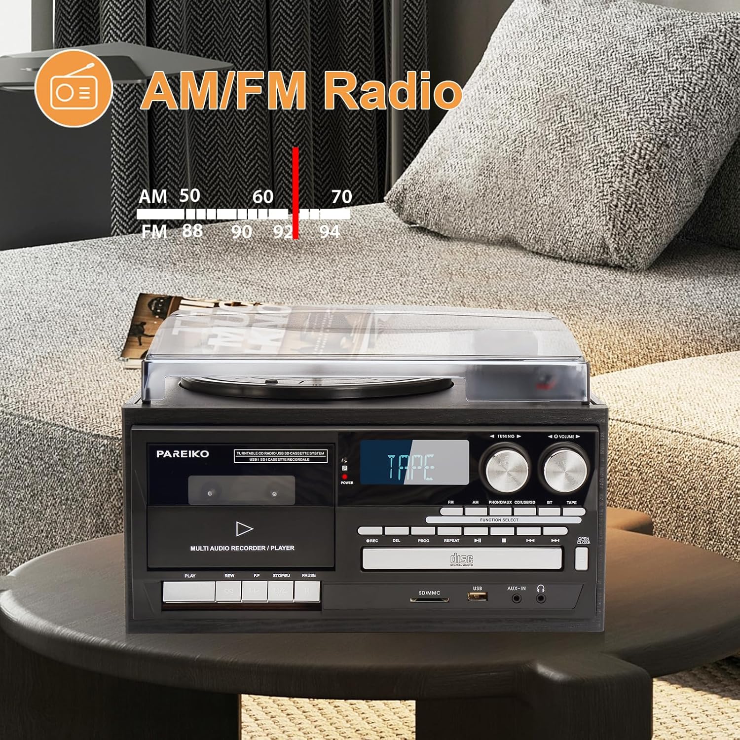9 in 1 Vintage Bluetooth Record Player with Built-in Stereo Speakers, 3-Speed Turntable, AM/FM Radio, CD & Cassette Player, USB/SD Playback, Remote Control, Aux in, RCA Out & Headphone Jack