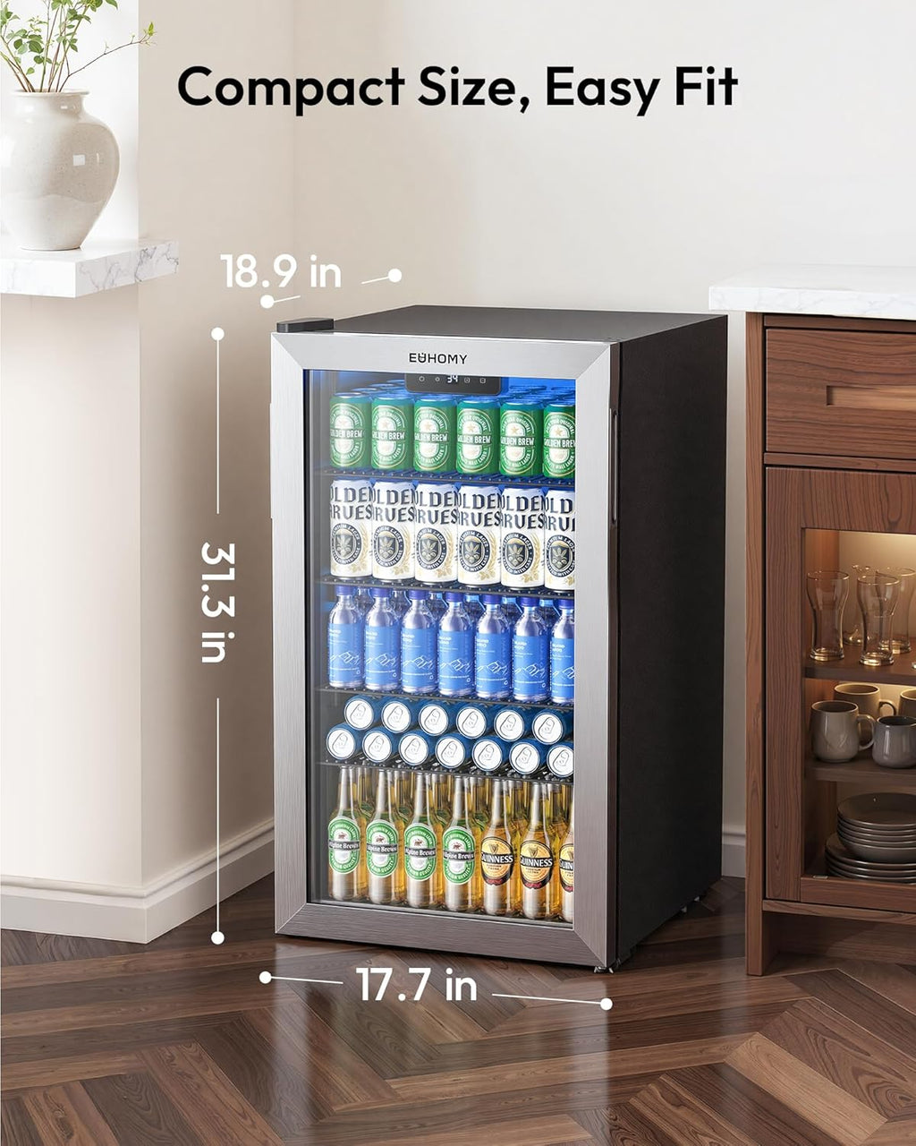 EUHOMY Mini Fridge 130 Can Beverage Refrigerator Cooler Glass Door for Soda Wine Beer, Beverage Cooler for Home, Bar, Office with Digital Temperature Control Adjustable Shelves, 3.2 Cu.Ft, Silver