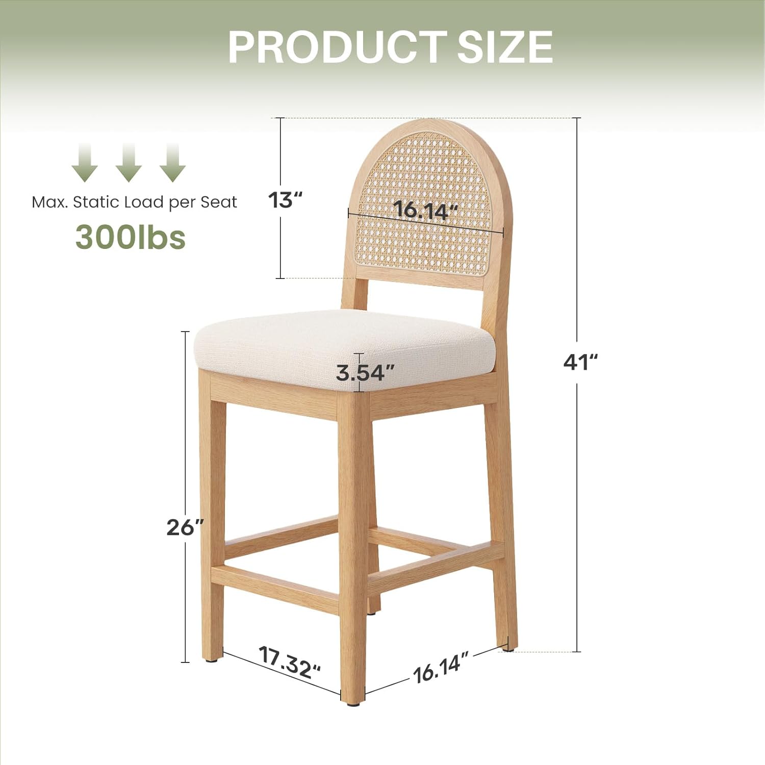 Farmhouse Rattan Counter Height Bar Stools Set of 3, Chenille Upholstered Barstools with Solid Wood Frame & Legs, Chic Kitchen Island Chairs, Natural