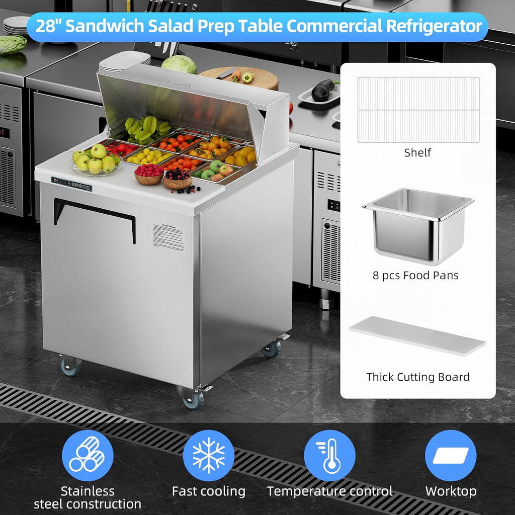 GarveeHome Commercial Refrigerator, 28" Undercounter Worktop Refrigerator,7.4 cu. ft W Single Door Thick Stainless Steel Refrigerator Sandwich Salad Prep Station Cooling with Cutting Board and 8 Pans
