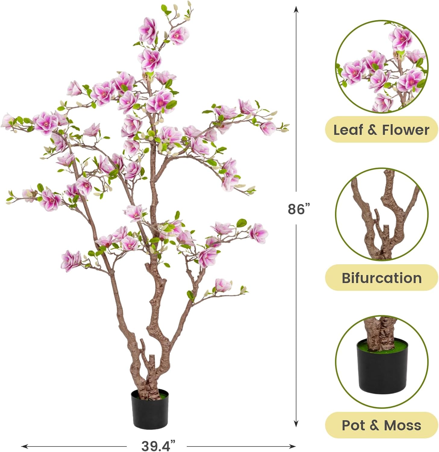 Faux Magnolia Tree 6.8 ft - with 57 Pcs White-Purple Flowers - Tall Artificial Plants Indoor, Large Fake Plant Perfect Potted Magnolia Flower Decor for Living Room, Stairs, Shop, Porch, Study Room