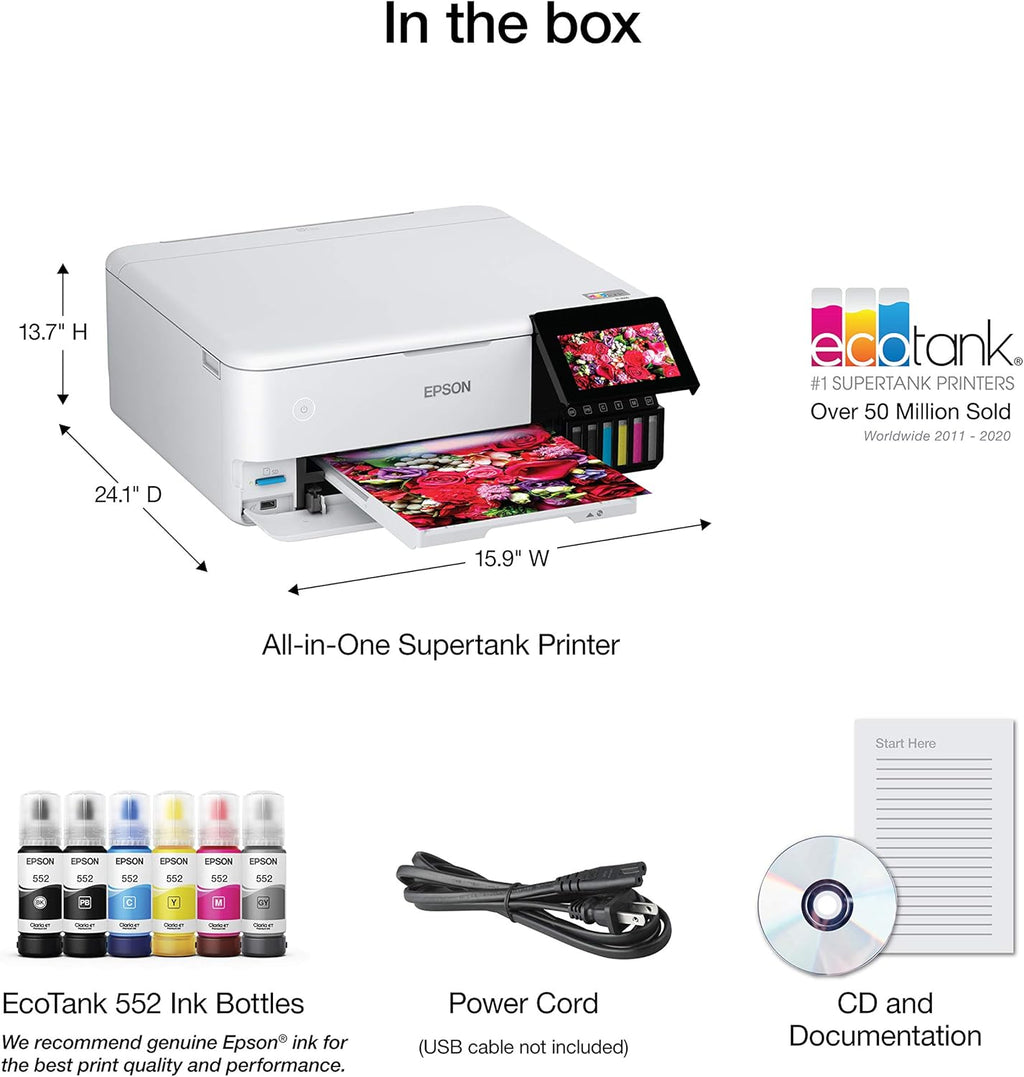 Epson EcoTank Photo ET-8500 Wireless Color All-in-One Supertank Printer with Scanner Copier, Ethernet and 4.3-inch Colorfull Touchscreen - White