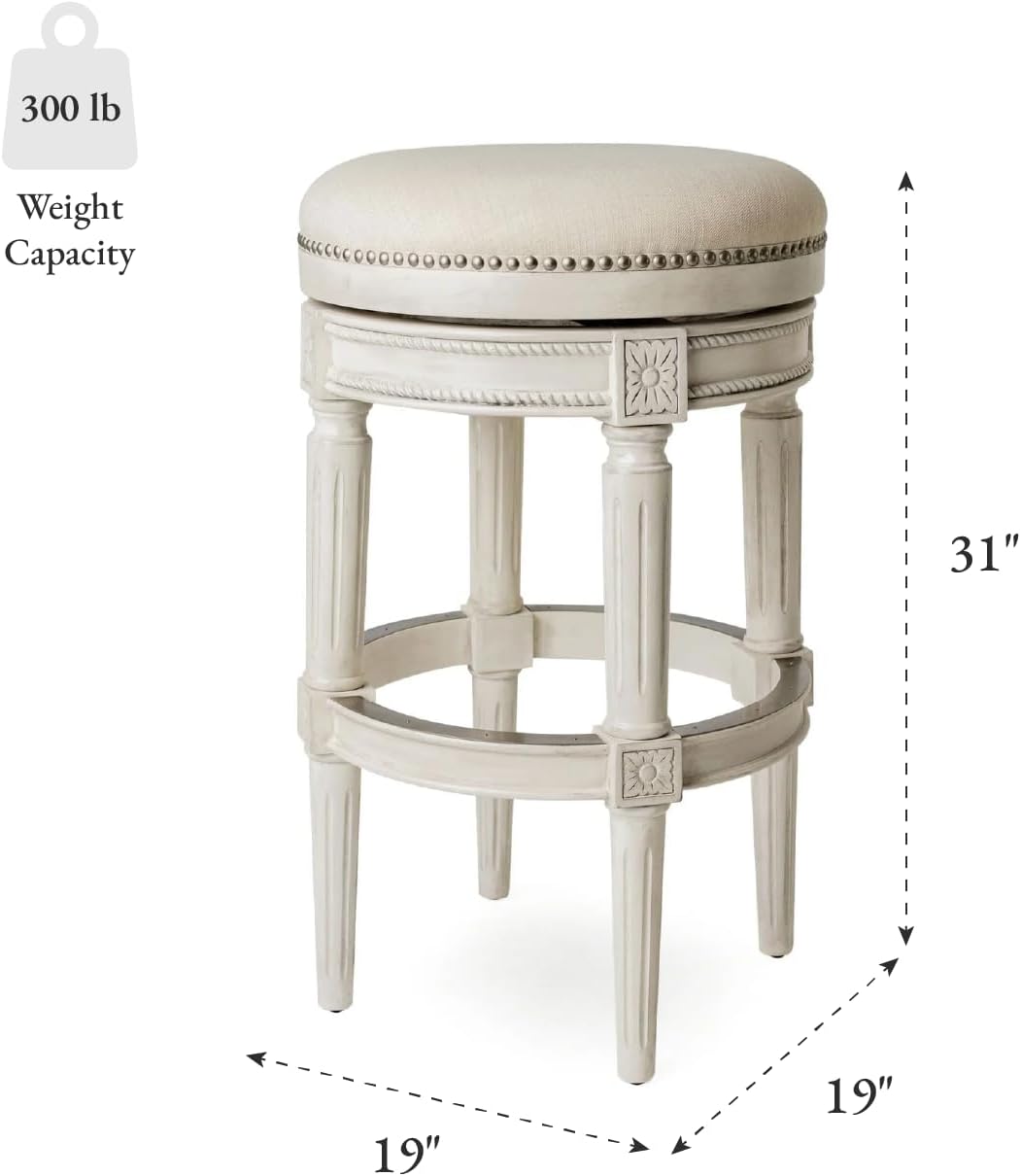 Maven Lane Pullman Backless Bar Stool 31 Inches – Swivel Stool with Footrest – White Solid Wood Frame & Natural Fabric Upholstery – Perfect for Bars, Pub Tables & Tall Kitchen Counters
