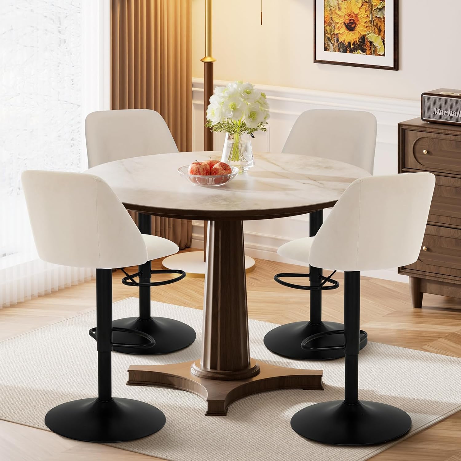 COLAMY Bar Stools Set of 4, Modern Swivel Bar Chairs, Adjustable Upholstered Barstools Counter Height with Full Backrest for Bar, Dining Room, Kitchen Island, Beige
