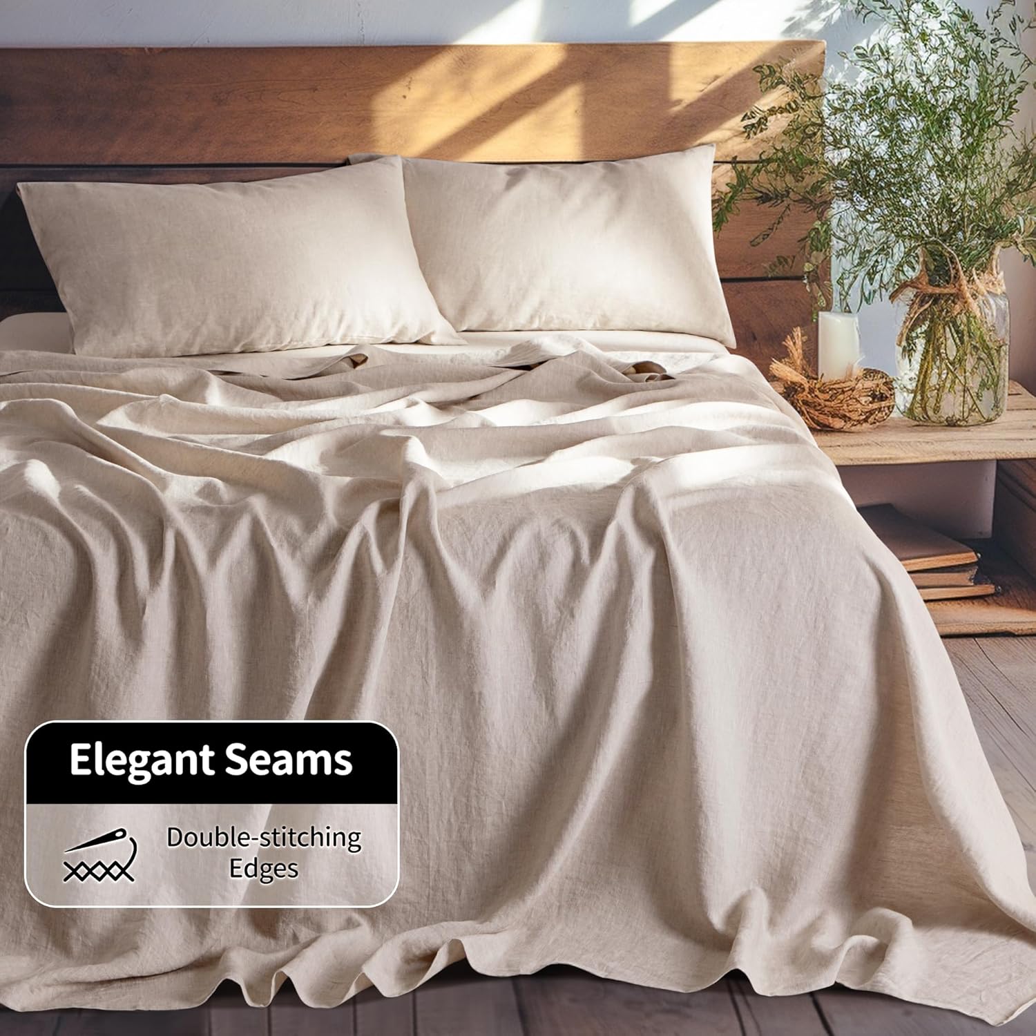 LBRO2M 100% Pure Linen Sheet Set Deep Pocket Up to 16" Bed Sheets Sets, Natural Flax Beddings Soft, Breathable, Comfortable for All Seasons 4 Pcs Sheet Set Queen Size, Linen