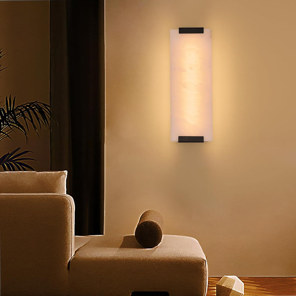 14.2in Alabaster Wall Sconces, Large Natural Marble Wall Sconces Set of Two, LED Modern Wall Lamp for Bedroom, Stairs, Living Room, Vanity, Bedside, Hallway （Black 12W）