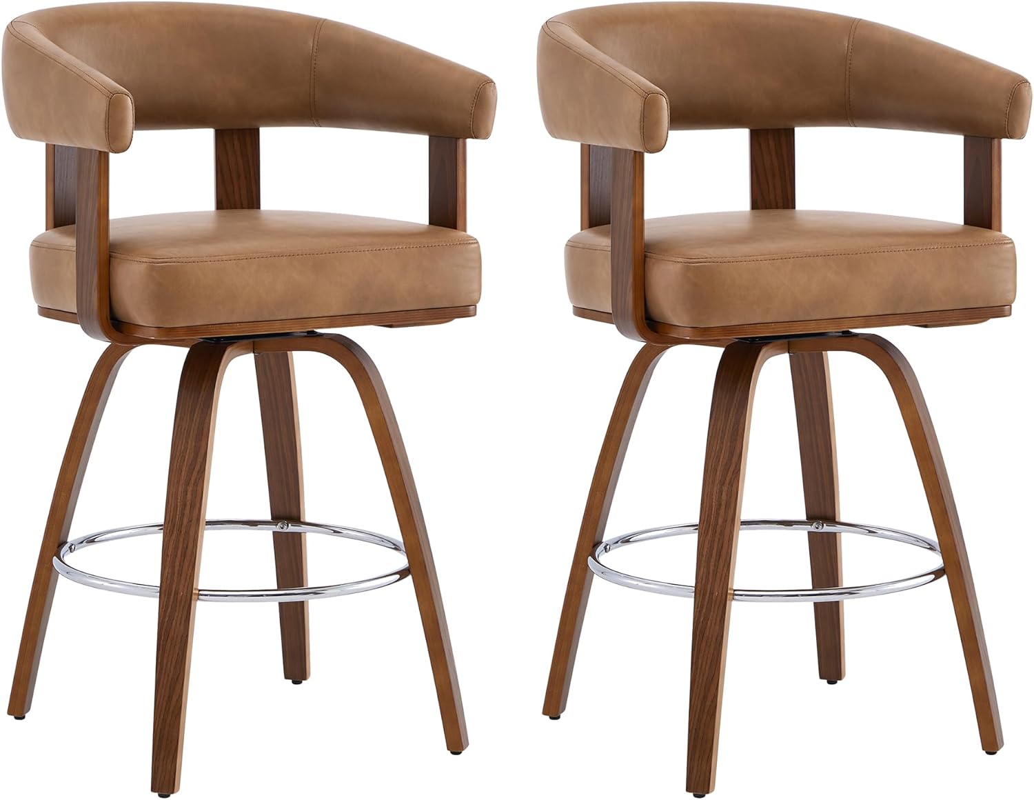 CHITA Swivel Counter Height Barstools Set of 2, FSC Certified Faux Leather Upholstered Bar Stools with Back and Armrest for Kitchen Island Home Bar, 27" Seat Height, Camel with Walnut Frame