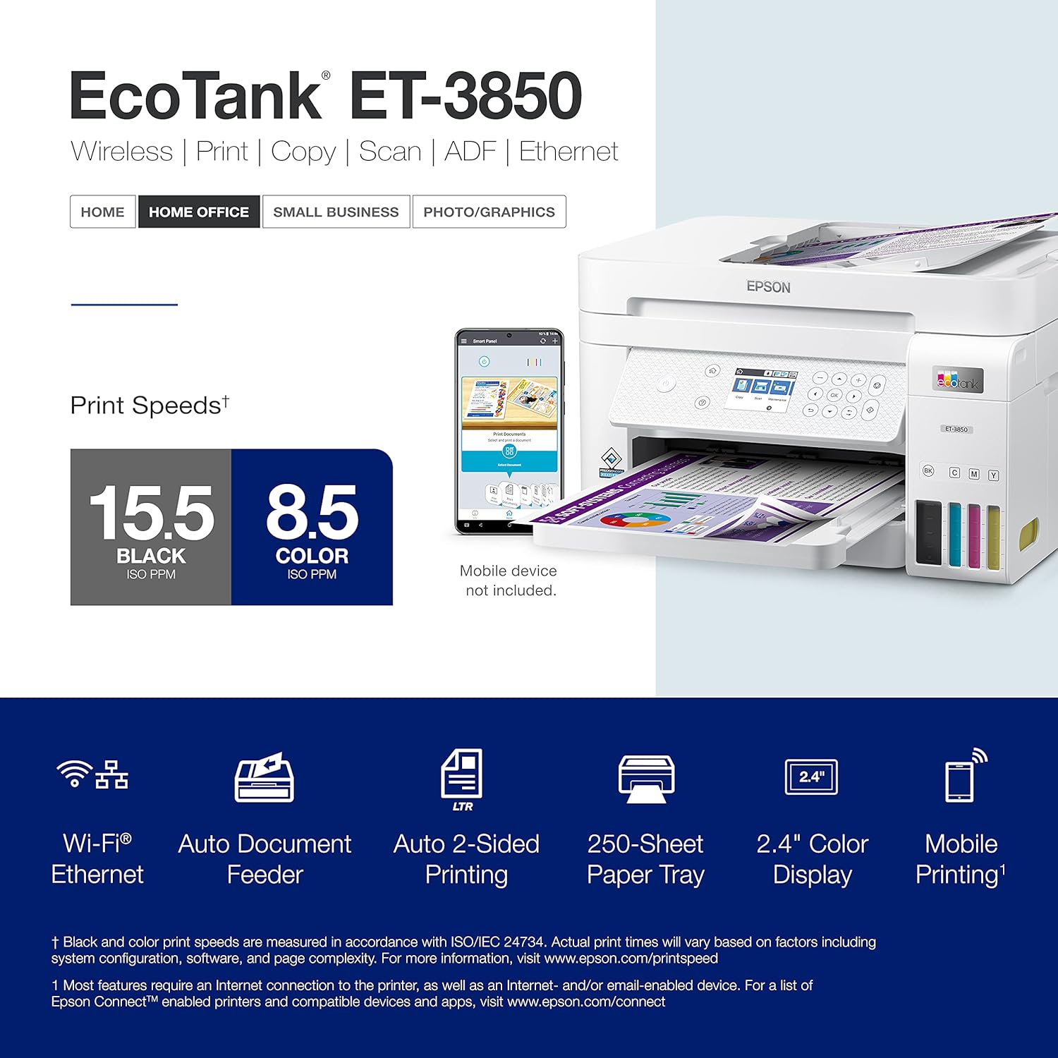Epson EcoTank ET-3850 Wireless Color All-in-One Cartridge-Free Supertank with Scanner Copier, ADF and Ethernet â€“ The Perfect Printer Home Office,White