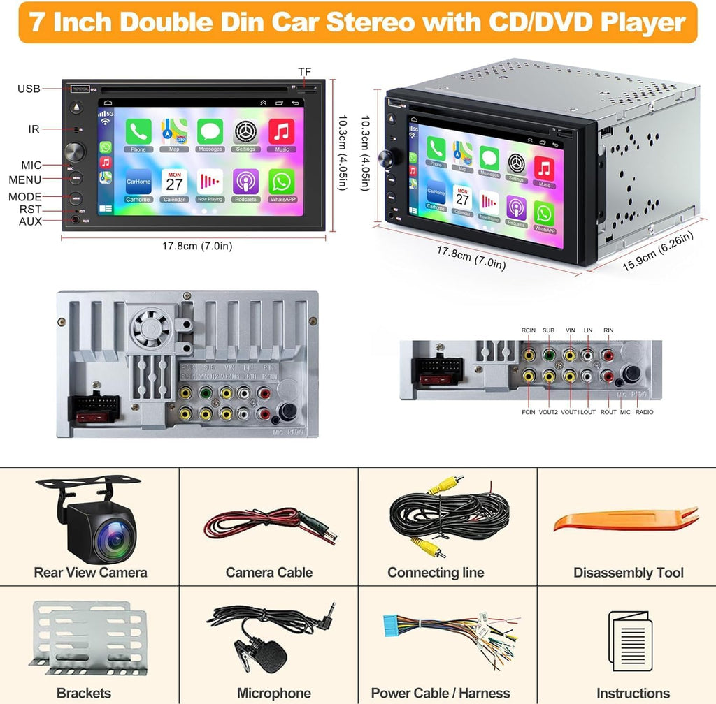 Double Din Car Stereo with Carplay & Android Auto, Adapter-Universe 7 Inch Car Radio with CD/DVD Player Support Back up Camera, Bluetooth & Voice Control, Mirror Link, Subwoofer, SWC, Subwoofer, AM/FM